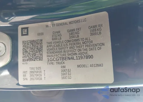 2020 Chevrolet Colorado 4Wd Short Box Wt z USA, uszkodzony, nr VIN 1GCGTBEN4L1197890